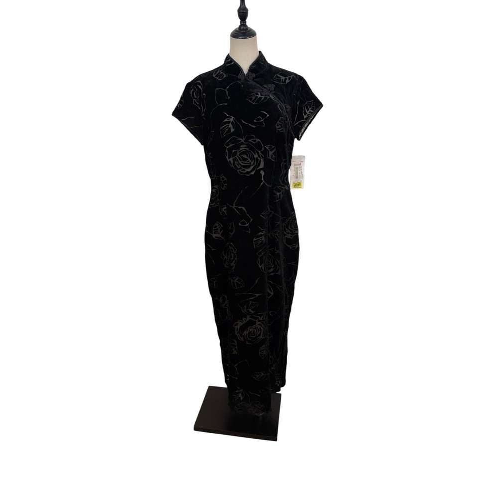 Vtg Robbie Bee Black Velvet Burnout Cheongsam Dress Sz 16 Midi NWT Glam Event